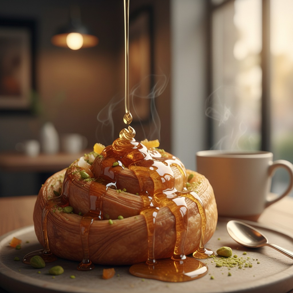 Honey is drizzled over a steaming, pistachio-topped pastry on a wooden serving board next to a cup of coffee.